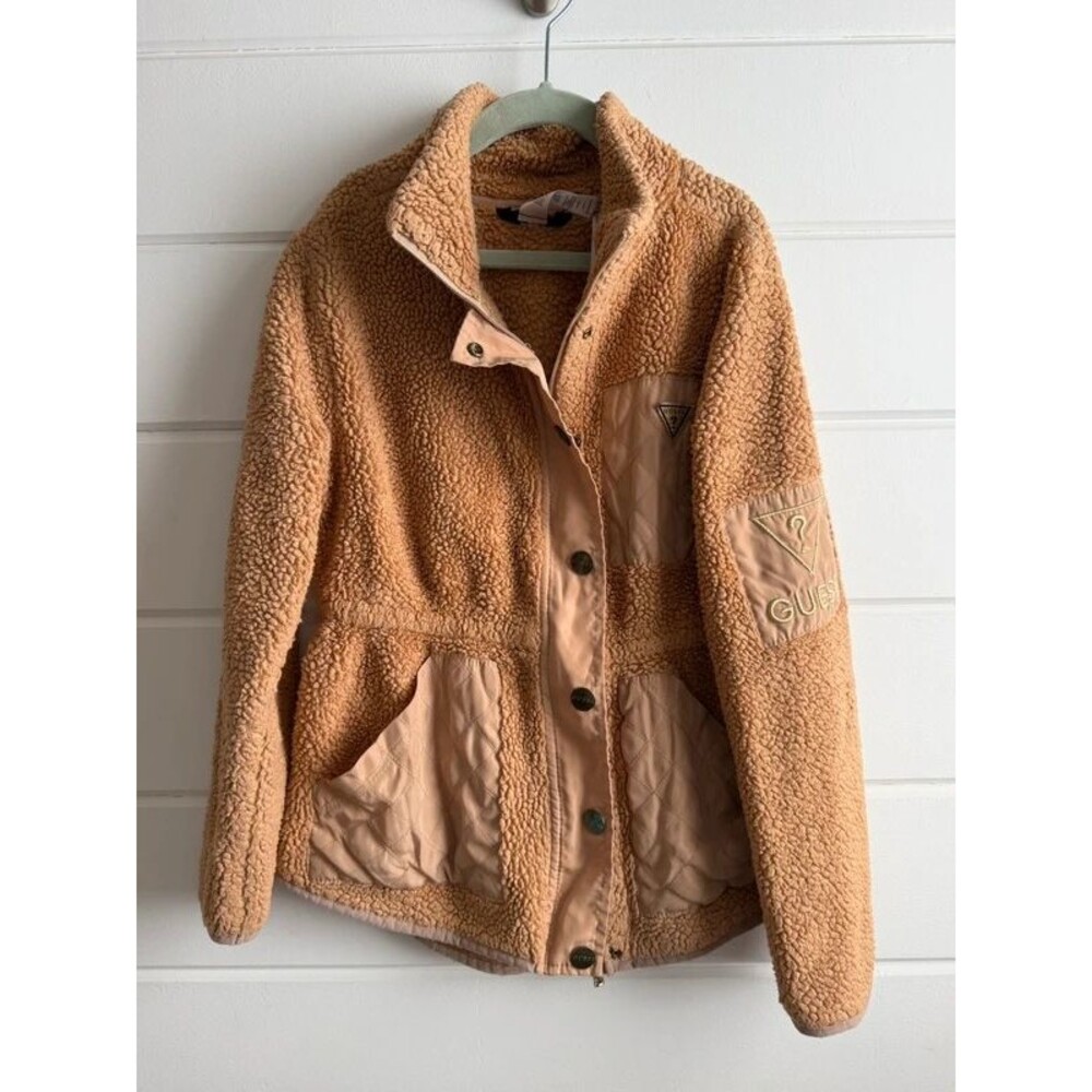 GUESS Kids Tan Sherpa Faux Fur Utility Jacket Quilted Panels Logo Size S 7-8